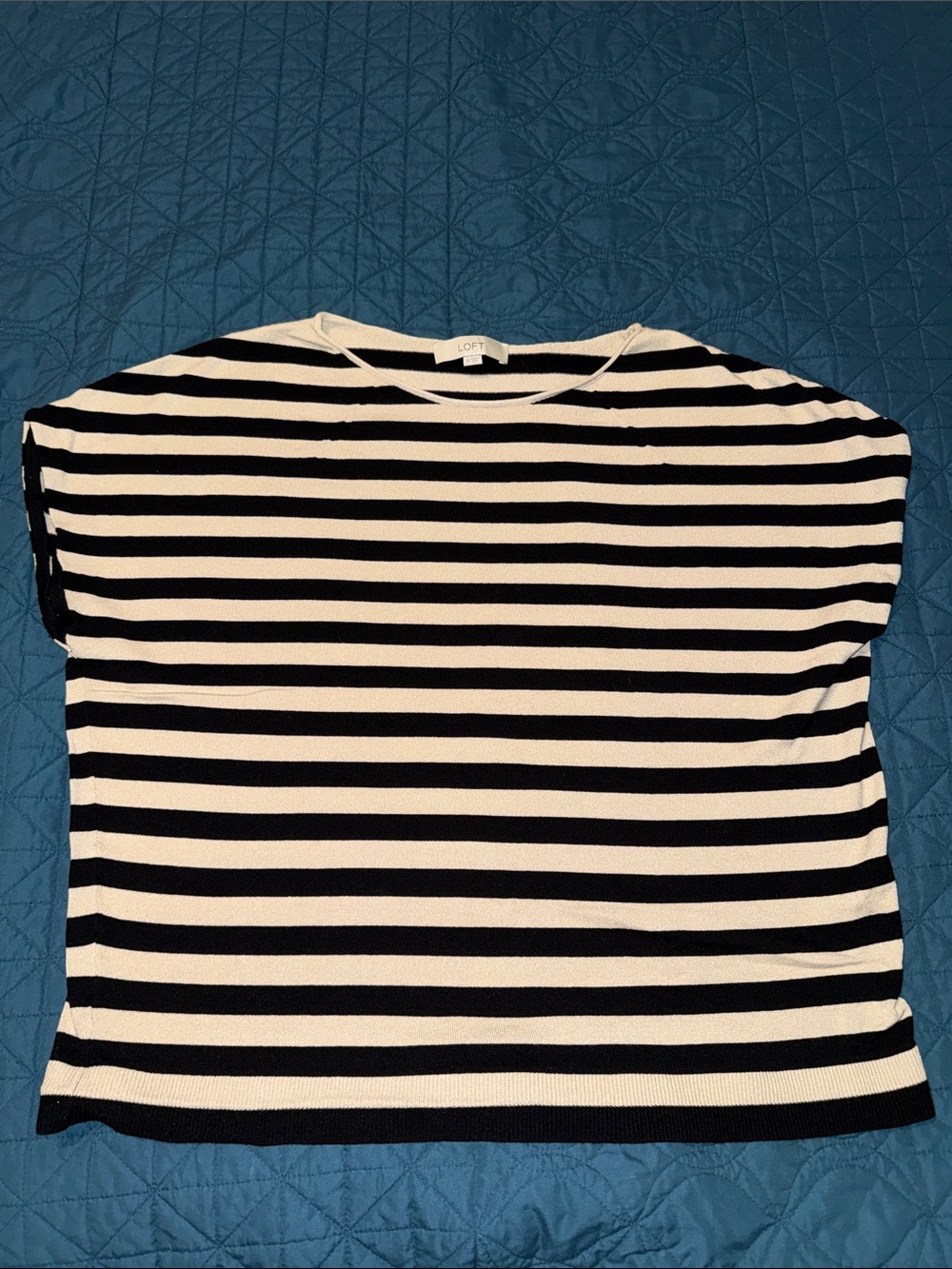 LOFT Black and Cream Striped Short-Sleeve Knit Top